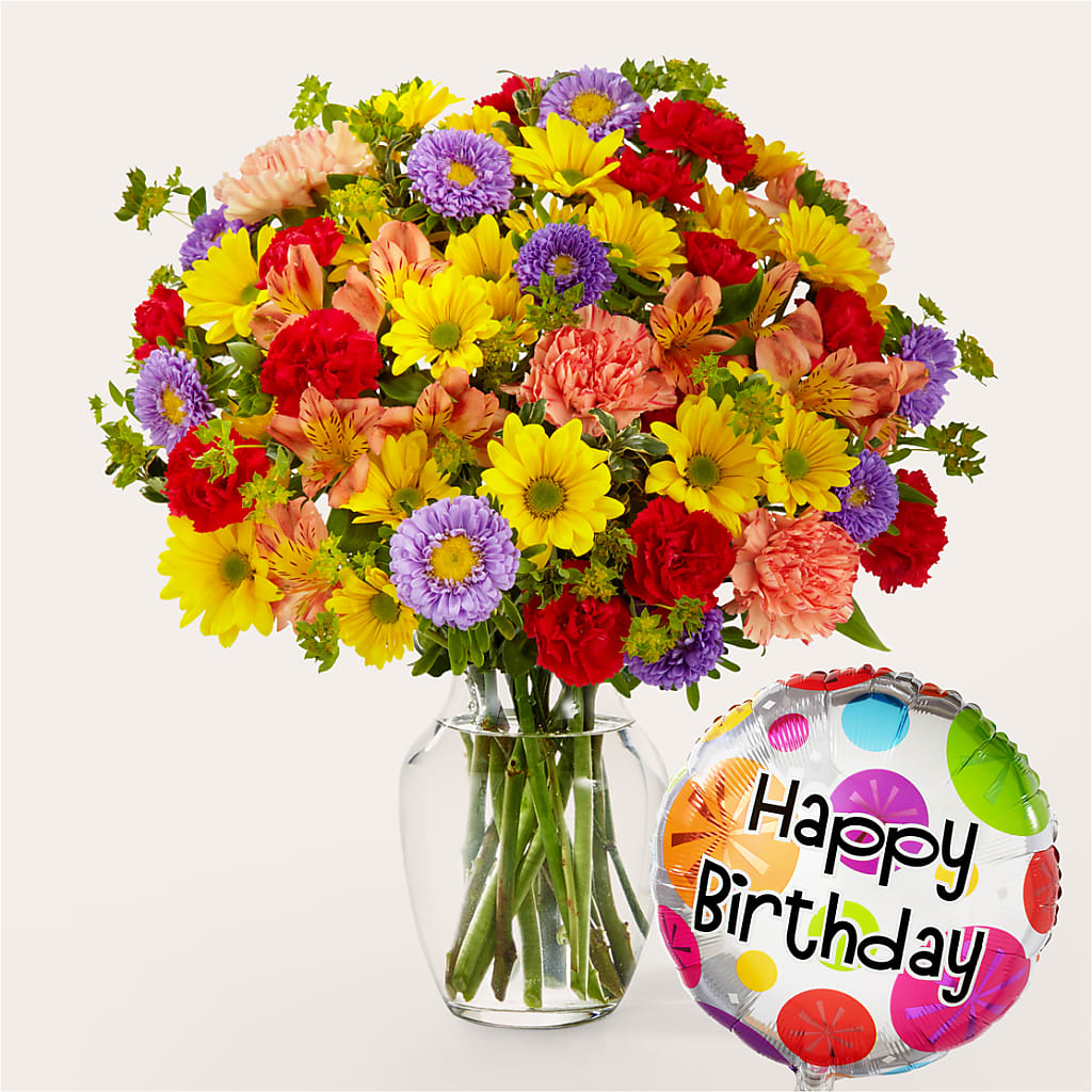 Kaleidoscope Bouquet with Birthday Balloon – A Flower Matters, Dallas TX