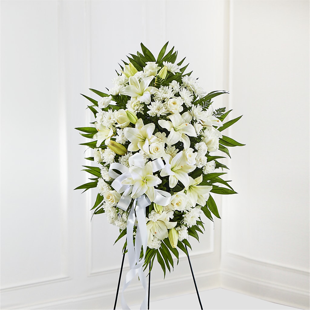 Exquisite Tribute Standing Spray-White Ribbon – A Flower Matters, Dallas TX